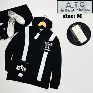 A.T.C in the attic /M/ ブラック 長袖パーカー ホワイトロゴ スウェット テープ スポーツ アウトドアキャンプバイク釣り インジアティック