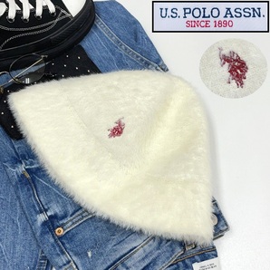 U.S. POLO ASSN. ホワイト ファーバケハ バケットハット アウトドア キャンプ スポーツ ゴルフ 帽子 バイク レトロ レッド刺繍起毛 ポロ