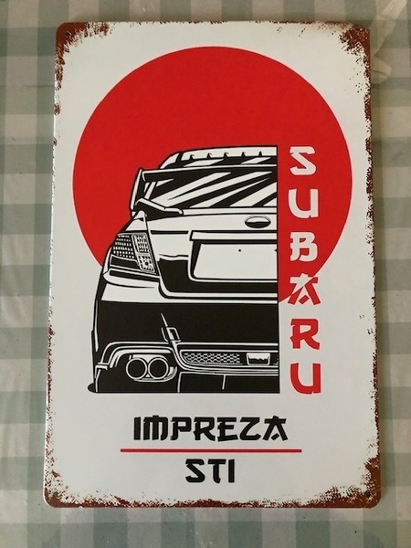 オフ会で目立つ!スバル インプレッサ STI 日の丸ロゴビンテージ・レトロ風ブリキのアート看板 WRX