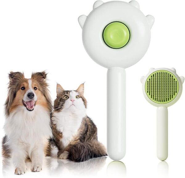 ペットブラシ 猫 ブラシ 犬 ブラシ 猫用ブラシ スリッカーブラシ ワンプッシュ式 丸洗い可能 ペットの皮を傷つけない 犬猫通用 (Green)