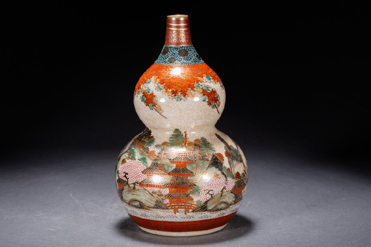 丸十字 薩摩焼 瓢箪型 ひょうたん型 花鳥 壺 花瓶 高さ33cm 工芸品