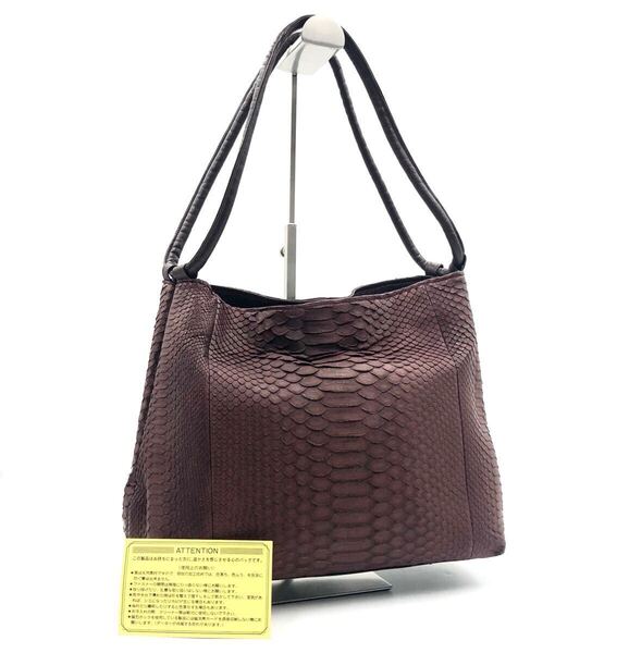 ■極上美品■JRA認証 パイソンレザー ショルダーバッグ 蛇革 本革 ボルドー シルバー金具 底鋲 自立 JRAタグ、織りネーム