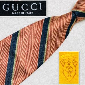 ■美品■GUCCI グッチ ネクタイ レジメンタルストライプ シルク100% イタリア製 ブラウン系レンガグリーン系 ビジネス