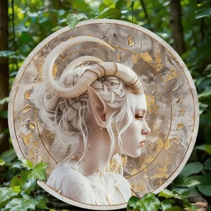 入荷!羊角を持つ女性③ ブリキ/アルミ看板 ラウンド インテリア