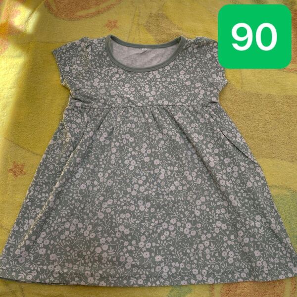 小花柄 半袖 くすみグリーン×ホワイト 半袖 ワンピース チュニック 90