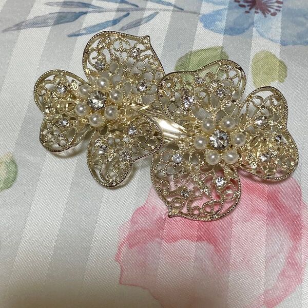 バレッタ アクセサリー ゴールド系 パール フラワー