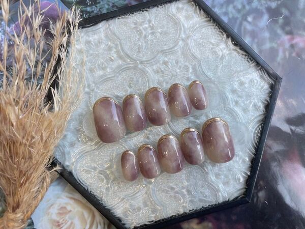 ネイルチップ ニュアンスネイル ミラーフレンチ フレンチネイル くすみピンクパープル系ゴールドフレンチ