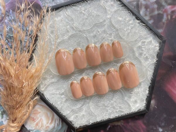 即日発送! ネイルチップ ニュアンスネイル ミラーフレンチ フレンチネイル ベージュニュアンスゴールドミラー
