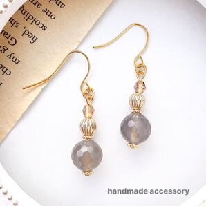 NO.216 再再販☆アンティーク調/グレーオニキス/大玉10㎜/ピアス/イヤリング/天然石/サージカルステンレス/金具変更無料