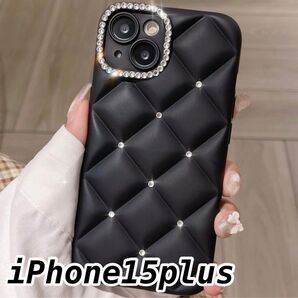 iPhone15Plus シルバーストーン キルティングケース ブラック 黒
