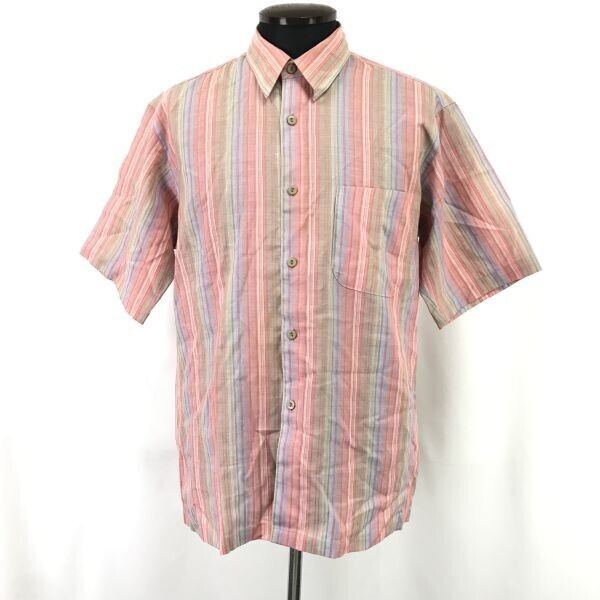 ROSAM★リッチな光沢&シャリ感!麻&ポリ/半袖シャツ【メンズL/red/赤系/ストライプ柄】リネン/Tops/Shirts◆SBH874