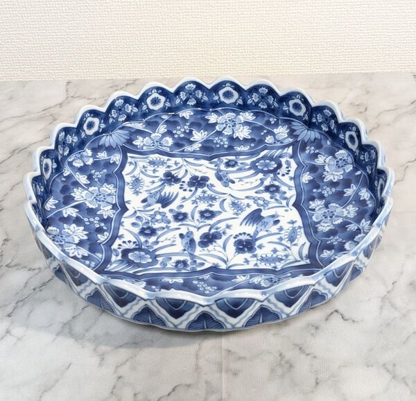 美濃焼 三洋陶器 龍峰窯 染付更紗 盛皿 大皿 大鉢 盛り鉢 和食器 花鳥