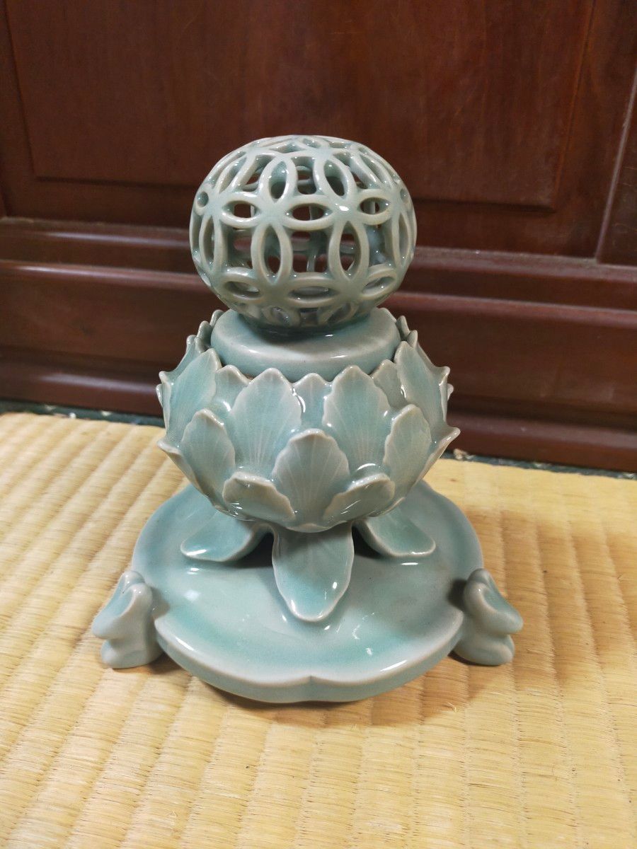 未使用 鍋島焼 青磁 双耳鶴首瓶 第9代目小笠原長春作 花瓶 貫入