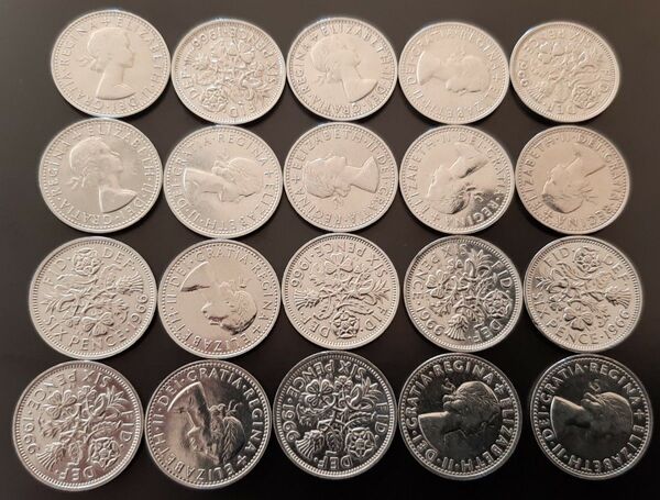 20枚セット 幸せのシックスペンス イギリス 1966年 ラッキー6ペンス 英国コイン 美品 本物 19.5mm 2.8gram