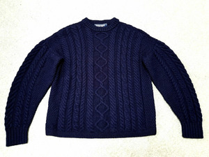 美品 英国製 GUERNSEY WOOLENS ガンジー フィッシャーマンセーター 紺 S // アランニット フィッシャーマンニット navy