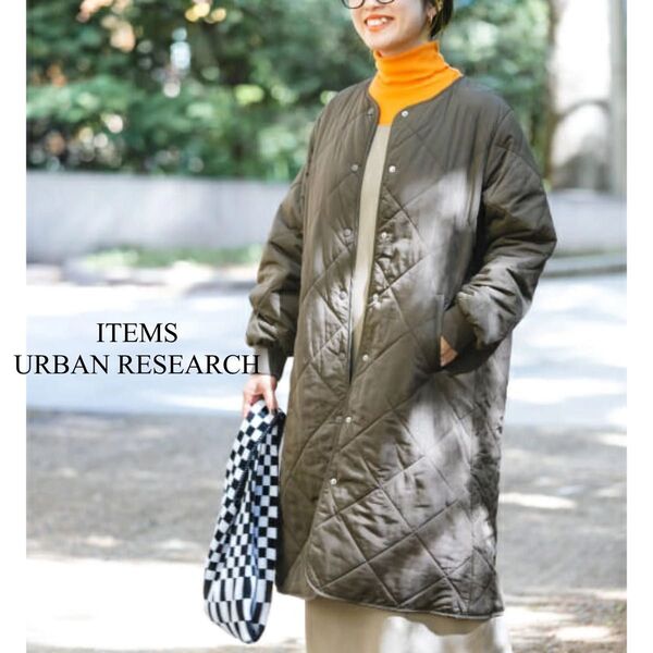 ITEMS URBAN RESEARCH 中綿キルティングコート S オリーブ カーキ ロング