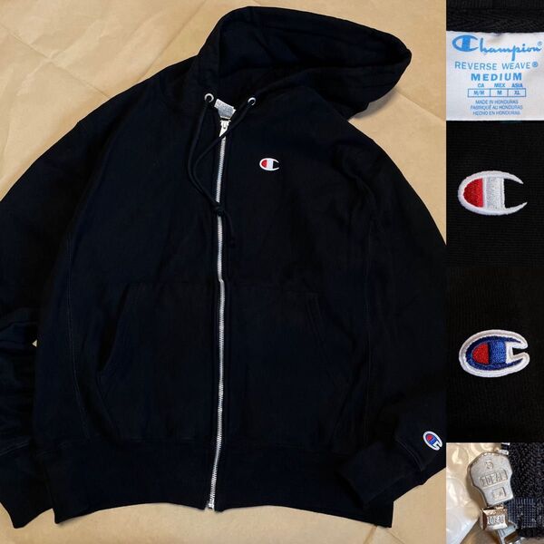 Champion パーカー リバースウィーブ M 黒 青タグ スウェット ジップアップ フルジップ チャンピオン フーディー