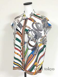 [E1734]HERMES Hermes { top class! silk 100%} shop front complete sale goods Calle scarf belt pattern no sleeve blouse 36 white [ coloring beautiful! multicolor ]