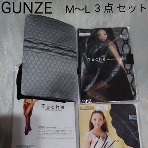 GUNZE ブラックM〜L 3点セット パイソン.ラメバイアス.シアー柄 グンゼ パンスト TucheUNO'collection