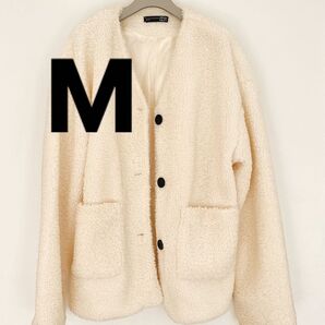 ノーカラー ポケ付き ボアジャケット レディース M 長袖 クリーム色 暖かい ジャケット