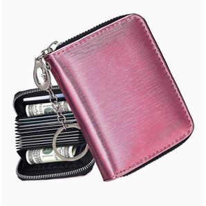 【大特価!】カードケース 大容量 カード入れ 磁気防止 ピンク カードポケット10 内側ポケット2 チェーン付き