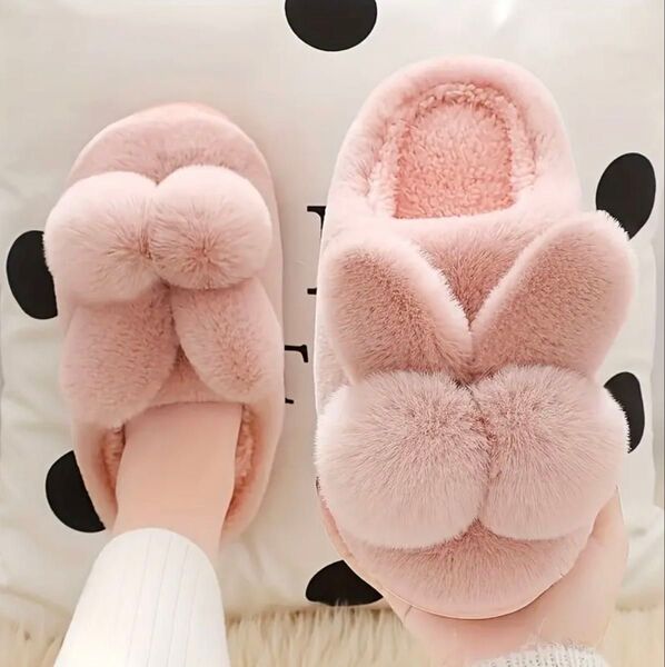 ウサギの耳付きフワフワスリッパ ピンク 23cm〜23.5cm うさぎ 韓国 ルームシューズ