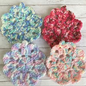 4枚セット♪可愛いお花アクリルエコたわし ハンドメイドかぎ針編み