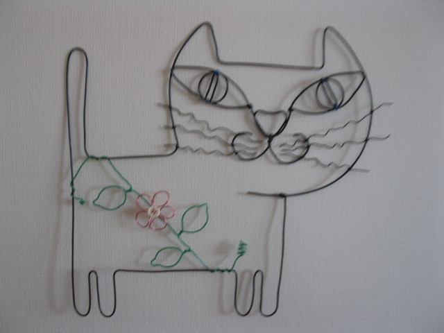 猫 猫花 ワイヤーアート ワイヤークラフト ハンドメイド 壁飾り, ハンドメイド作品, インテリア, 雑貨, その他