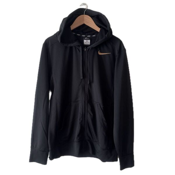 NIKE ナイキ メンズDRI-FITジップアップスポーツパーカー USED M ゴールドスオッシュ ブラック