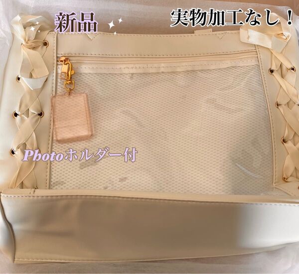 残り1点 痛バッグ ショルダーバッグ 大容量 推し活 リボン メッシュ 缶バッジ 新品 大人気 トートバッグ フォトホルダー付