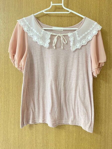 Crisp 襟レース 袖フレア インナー Tシャツ トップス