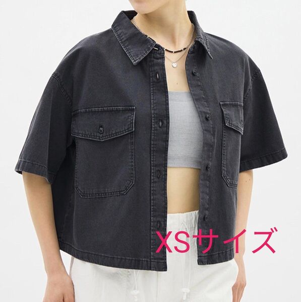 GU 完売品 ライトデニムダブルポケットシャツ 半袖 Q XSサイズ dark gray 349871