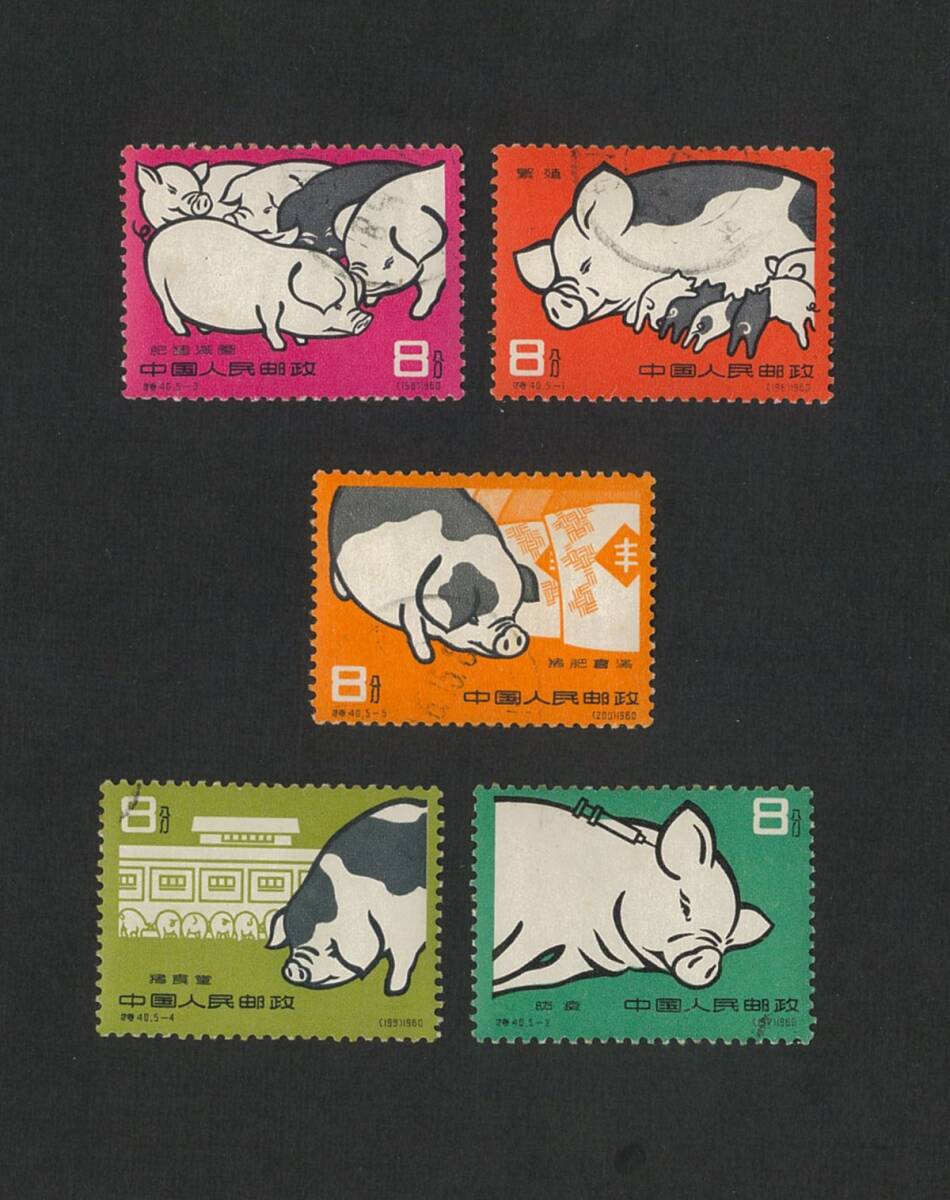 中国切手 特40《養豚》5種完 未使用 1960年 中国切手特40養豚(1960年)全5種完消印済み