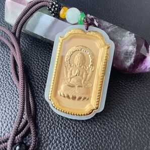 天然和田玉足金 金玉 精工雕刻観音菩薩 仏像 縁起物ネックレス 開運 鑑定書あり