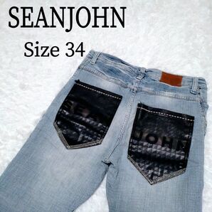 SEANJOHN デニム 刺繍 ジーンズ SJ フェイクレザー 34 パンツ デニムパンツ