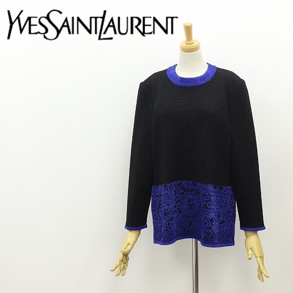 ヴィンテージ◆Yves Saint Laurent イヴサンローラン 柄切替 ウール ニット トップス 黒 ブラック×ブルー M