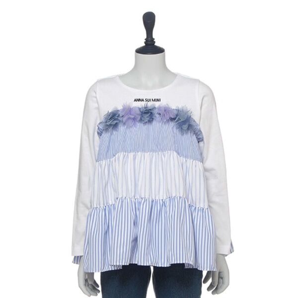【新品】アナスイミニANNASUImini花モチーフティアードドッキングストライプTシャツ110cm長袖 白ナルミヤ女の子トップス