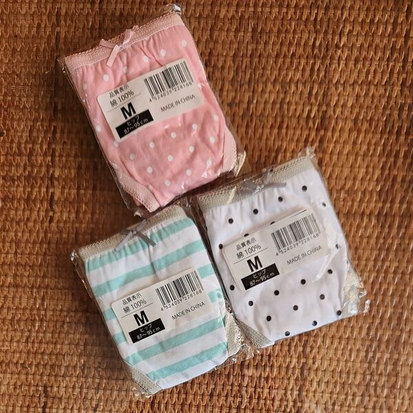 レースパンティ、水玉、ストライププリント、3枚(新品、未使用、Mサイズ)ピンク、ホワイト系、かわいい水玉プリント、ストライプ