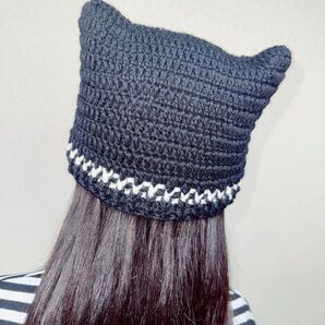 ネコ耳 ニット帽 リボン付き ハンドメイド