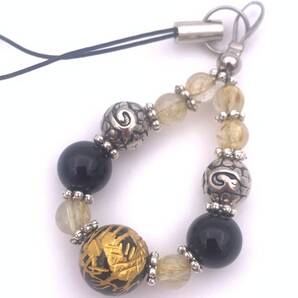 天然石オニキス金彫り青龍&ルチルクォーツのストラップ