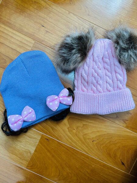 可愛いニット帽 2点セット ベビー用 パープル ピンク ウィッグ 髪の毛付き防寒 ビーニー