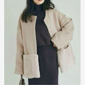 BASEMENT online /ウール混 裾ファーノーカラーコート ベージュ