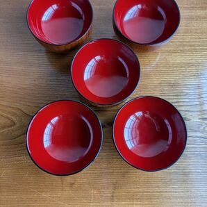 天然木製 漆器 お椀汁椀未使用5客木目茶内側赤塗径11c丈6.5cm位