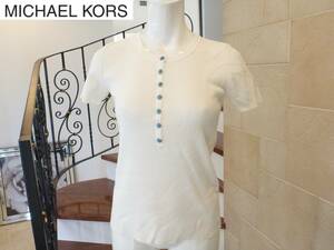 1.5万 美品 マイケルコース(MICHAEL KORS）★白×ターコイズボタン　半袖セーター 4　Ｍ相当