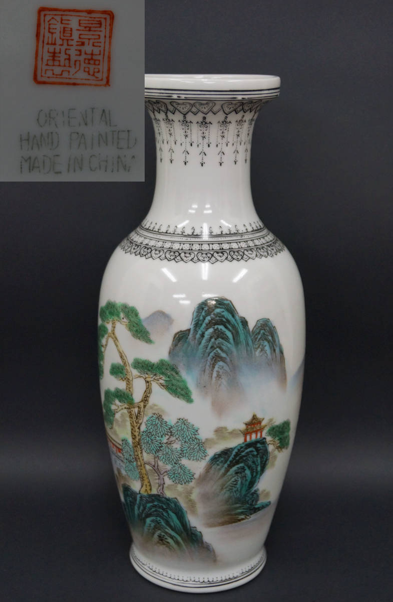 [Blank] Made in Jingdezhen, inscribed, powder-colored painting ``Landscape Landscape Chinese Poetry'' vase, decorative vase, hand-painted / tea utensils ☆ Good condition ☆ R30331■, China, Korean Peninsula, Antique ceramics in general, others