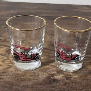 【昭和レトロ/当時物】1880 赤色BUICK ビュイック柄 金縁ショットグラス アルコールグラス ドレッシング入れ 2個