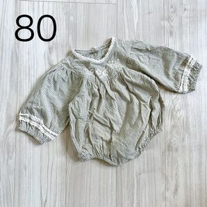 チェック柄刺繍付きロンパース 80