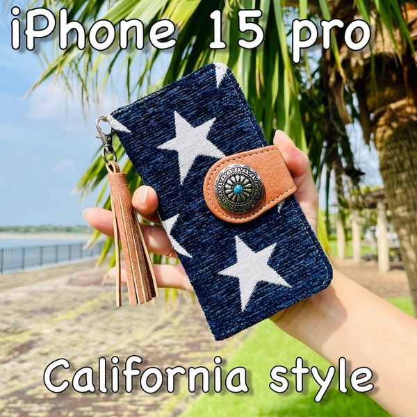 iPhone 15 Pro レザーケース/カバー☆西海岸スタイル☆星柄&コンチョ☆アイフォン手帳型カバー