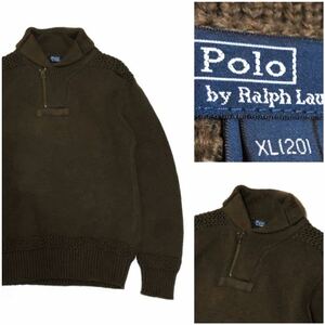 RALPH LAUREN ラルフローレン ショールカラー セーター ハーフジップ ミリタリー カーキ S相当 USA ARMY ヴィンテージ コットン ニット