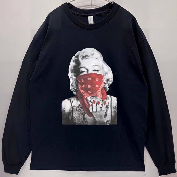 男女兼用 バンダナ ギャング マリリンモンローフォト ロンT 長袖Tシャツ(黒)